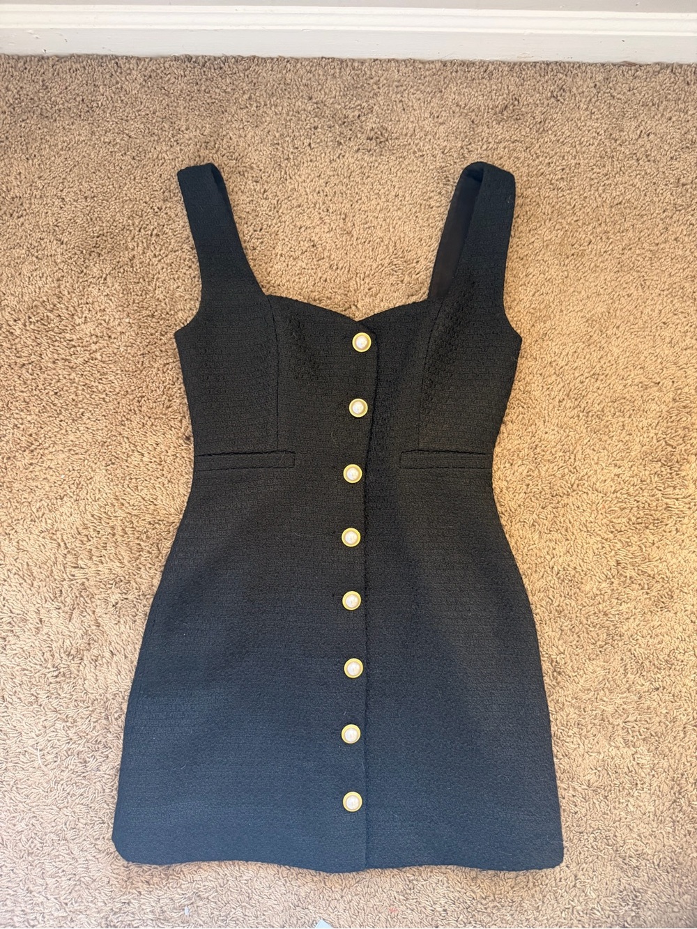 French Connection Black Sleeveless Mini Dress with Gold Buttons